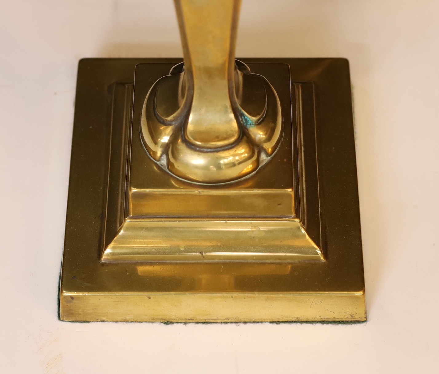 A late 19 century Austrian brass oil lamp with Ditmar mechanism and etched glass shade, converted to electricity, height overall 78cm